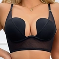 Rückenfreies U-förmiges schwarzes Unterwäsche-Set mit Netzgewebe und tiefem V-Ausschnitt - 70B / BH / Schwarz