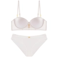 Sultry push-up lingerie set in pearl white ribbed fabric with golden metal ring accents - 70A / White Zirconia Set