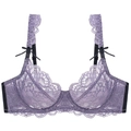 Reggiseno in pizzo viola con motivi floreali, fiocchi neri e supporto con ferretto - 70A / Viola