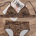Dettaglio di un set bikini leopardato con top a triangolo e slip a vita alta su legno - S / Top E Pantaloni Leopardati / Stampa leopardata