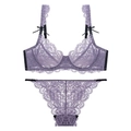 Dessous-Set aus fliederfarbener Spitze mit transparentem Blumen-BH und Slip-Kombination - 70A / Lila