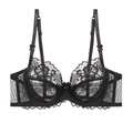 Close-up of black floral lace details with sheer mesh and bow accents on a bra - 70B / Tops / Black