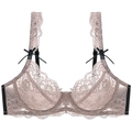 Reggiseno ultrasottile in pizzo rosa polvere con spalline nere e fiocchetti - 70A / caffè