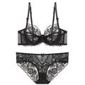 Lace lingerie set with underwire bra and sheer floral panties in elegant black - 70B / Black