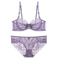 Elegant purple floral lace lingerie set with sheer underwire bra and matching panties - 70B / Purple