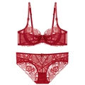 Lace bra and panty set in deep red with floral mesh design and bow accents - 70B / Set / Burgundy
