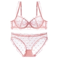 Completo intimo in mesh rosa con ricami a cuore rossi e spalline con volant - 70A / Rosa