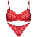 Dettaglio del set di lingerie in pizzo rosso con reggiseno a rete e perizoma - S / Rosso
