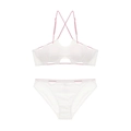 Detail of two-piece white bikini with pink cross-back straps and hollowed-out trim - M / White