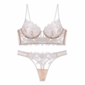 White floral embroidery lace lingerie set with longline bra and mesh thong on white back - White/Nude