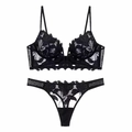 Sexy schwarzes Dessous-Set mit Blumenstickerei und transparentem Mesh-V-Ausschnitt - S / Schwarz