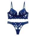 Dunkelblaues Spitzen-Lingerie-Set mit tiefem V, floraler Stickerei und Netz-Details - S / Blau