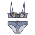 Lace embroidery lingerie set in deep blue featuring a floral bra and matching mesh panties - 70B / Blue Set