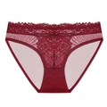 Deep red floral lace underwear for women featuring a delicate bow and semi-transparent mesh - M / Burgundy
