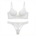Detailed close-up of white floral lace embroidery on sheer French style bra and thong set - All White