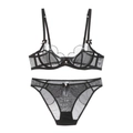 Detaillierte Flachbildaufnahme von schwarzem Netz-Dessous-Set mit Spitzen und Blumen - 70B / Schwarz