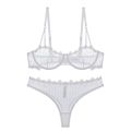 Flat lay of white floral lace embroidery details on sheer mesh bra and thong lingerie set - S / White