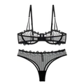Detail of sheer black lace embroidery on semi-cup bra and matching thong set - S / Black