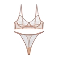 Detailansicht von beigem Spitzen-Dessous-Set mit Herzbestickung und transparentem Netzstoff - M / Hautfarben