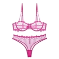 Deep pink French lace lingerie set with sheer floral embroidery and underwire bra - S / Rose Red