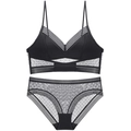 Sexy black French lace lingerie set with U-back bra and polka dot mesh panties - Black Zirconia Set
