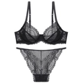 Set lingerie in pizzo nero con ricami floreali ultra sottili e dettagli trasparenti - 70B / Nero