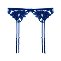 Dark blue lace garter belt with floral embroidery and adjustable straps on white background - One Size / Blue