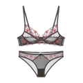 Set lingerie sexy in rete nera trasparente con ricamo a cuore rosso e rosa romantico - 70B / Nero con Ricamo a Cuore