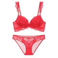Elegantes rotes Spitzenunterwäsche-Set mit Push-up-BH und Rüschenträgern im französischen Stil - 75B / Rot