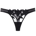 Tanga sexy en dentelle noire pour femme avec broderie florale et maille transparente - S / Noir