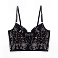 Reggiseno in pizzo con ricamo floreale dorato e spalline regolabili in stile rétro - S / Nero