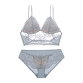 Set lingerie in pizzo celeste con reggiseno a triangolo e slip coordinati su fondo bianco - S / Blu grigio