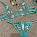 Teal mesh lingerie set with pineapple embroidery, wired bra and matching thong - S / 2-Piece Set (Bra + Thong) / Blue