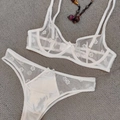 Weißes Kirschblüten-Spitzenunterwäsche-Set mit Bügel-BH und passendem Thong-Höschen - S / Weiß