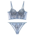 Ensemble lingerie bleu clair de style français avec broderie florale et détails mesh - S / Bleu Gris