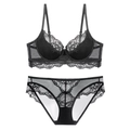 Elegant black lace lingerie set with sheer mesh and full cup underwire bra on white background - 70A / Black