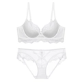Flat lay of white lace lingerie set with underwire bra and matching mesh panties - 70A / White