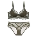 Detailed flat lay of olive green lace lingerie set with floral mesh bra and briefs - 70A / Green
