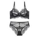Conjunto de lencería de encaje negro con malla transparente sobre fondo blanco en plano - 70B / Negro