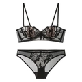 French sexy black lace lingerie set with rose embroidery and mesh balconette bra - 70B / Black