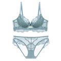 Elegant light blue lace lingerie set with wired bra and matching mesh panties - 70A / Blue