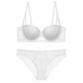 White lace lingerie set featuring sheer mesh panels and a push-up bra with matching panties - 70A / White