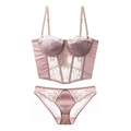Elegant French lace lingerie set with satin trim and boned push-up corset bra in dusty pink - S / Pink
