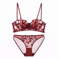 Burgundy lace lingerie set with red rose floral embroidery and thin mesh design - 70A / Red