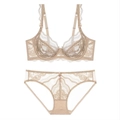 Set di lingerie in pizzo nudo con reggiseno trasparente ultrasottile e slip abbinato - 95C / Nudo