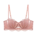 Detail of dusty pink lace bra with half cups, eyelash lace patterns and bow accent - Pink