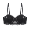 Detail van zwarte eyelash lace halve cup bh met strikje en transparant bloemendesign - 70A / Zwart