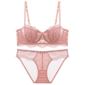 Pink French lace lingerie set with non-slip strapless bra and matching floral panties - Pink