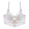 French style white lace bralette with satin pleats and rose accents on thin straps - White
