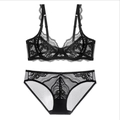 Elegant black floral lace lingerie set with underwire bra and matching mesh panties - 95C / Top And Bottom / Black